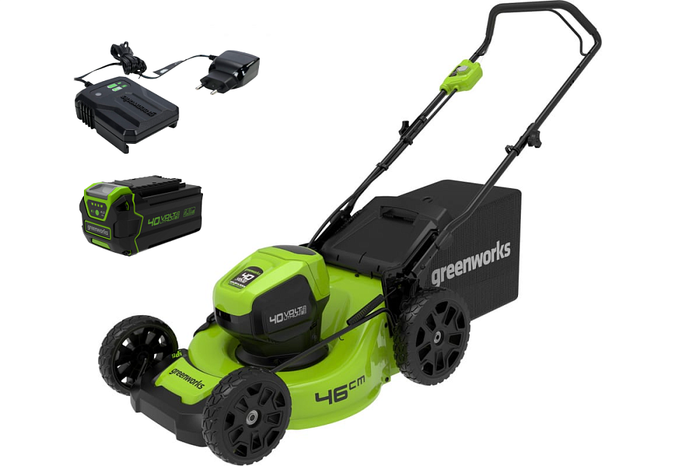 Бесщеточная аккумуляторная газонокосилка Greenworks GD40LM46HP 40 В, с 1 АКБ 4 А*ч и ЗУ 2514407UB